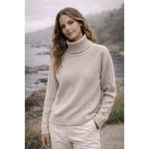 Kinross Women Champagne Beige 100%‎ Cotton Cable Knit Turtleneck Sweater L LFSG1